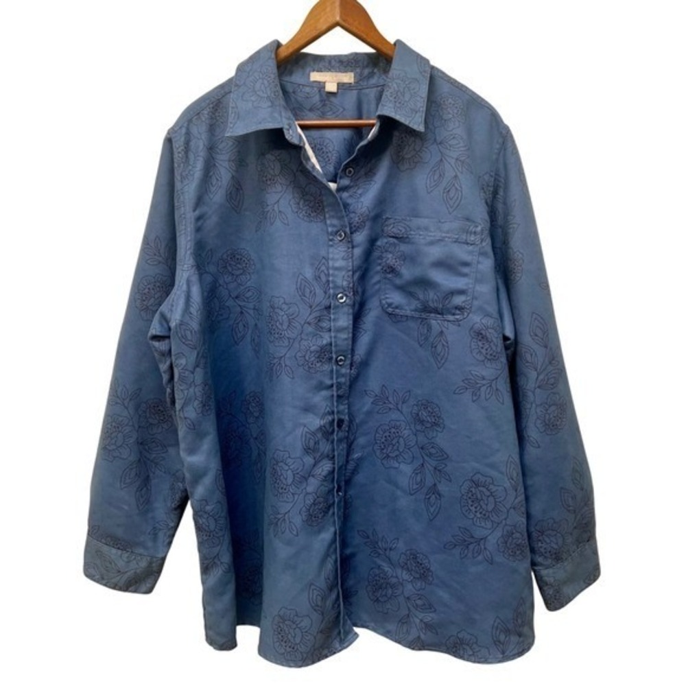 Woman Within Blue Floral Embossed Button Up Shirt 22/24 Lightweight Faux Suede